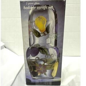Fruit Motif Carafe & Tumbler bedside carafe set. Handpainted. 2 piece glass NWT